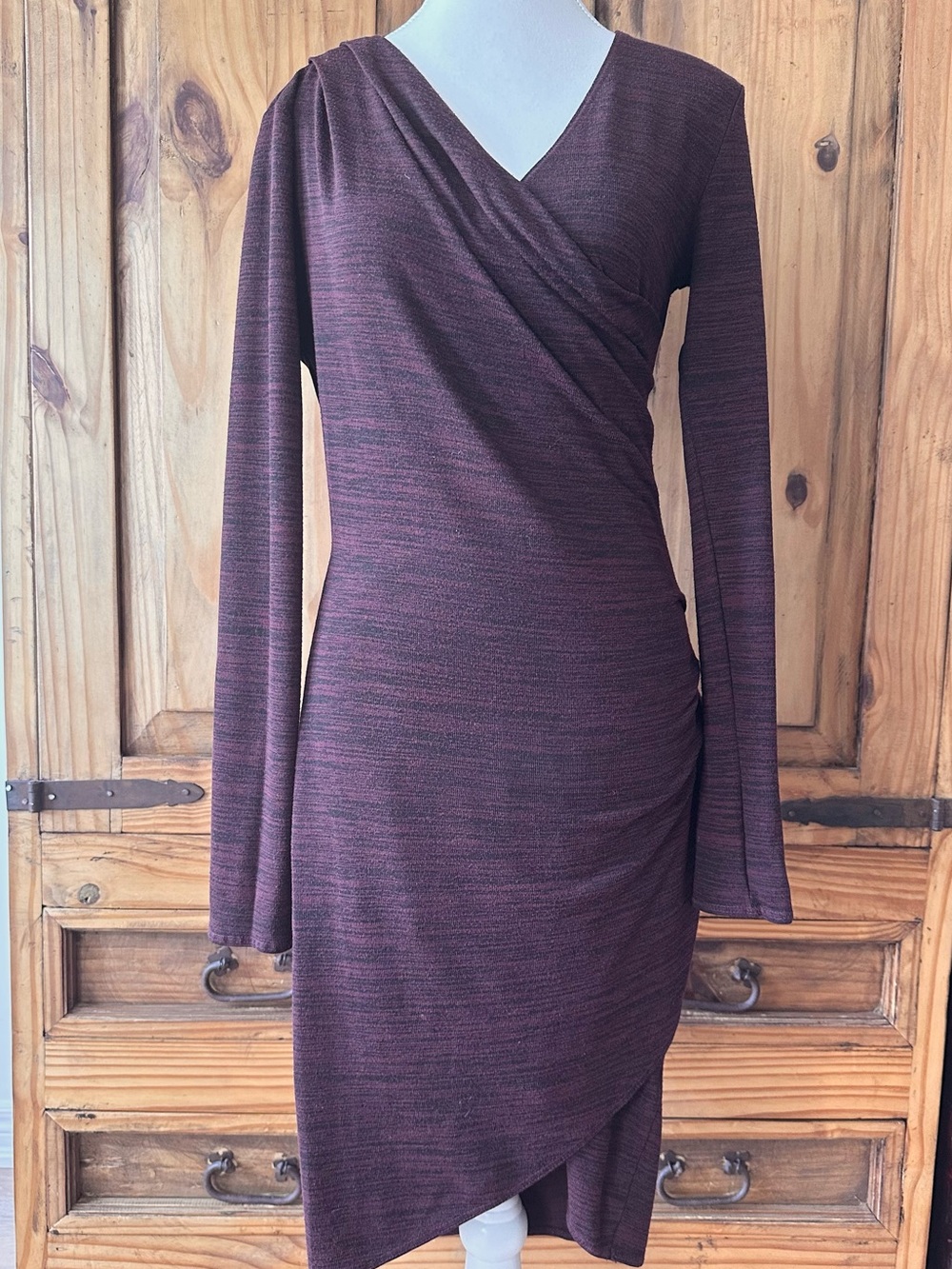 Vintage Y2K Knit Wrap Sweater Dress Long Sleeves Asymmetric Fitted Burgundy - S